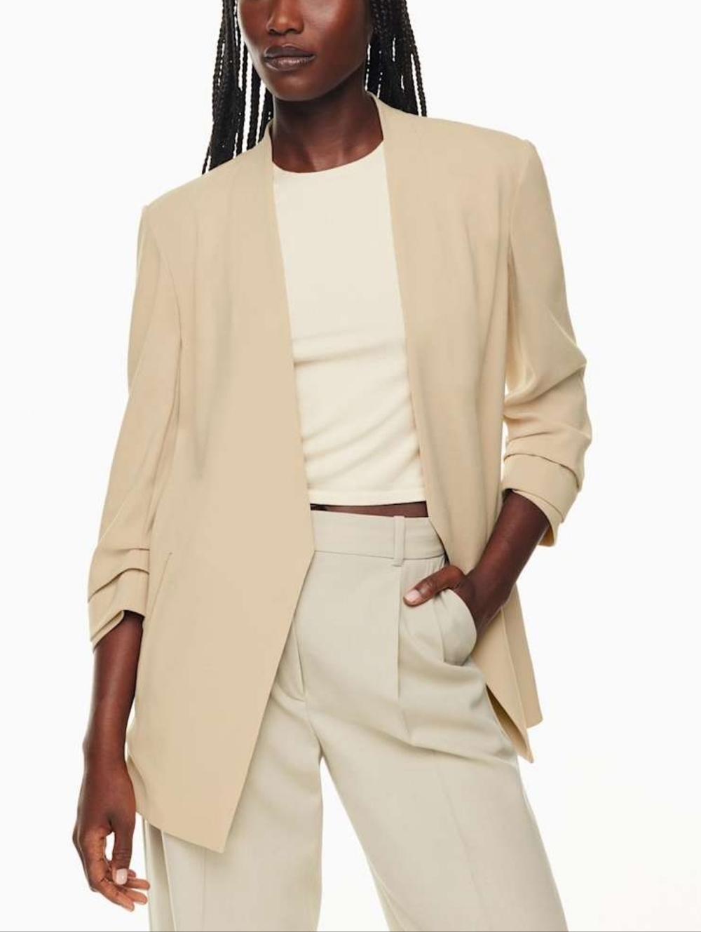 Aritzia Babaton Power Hip Blazer Sz 2 Beige Crepe Open Front